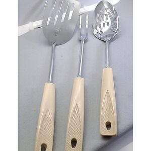 Vintage EKCO Kitchen Utensil Set 3pc Cream Handle Spatula Fork Spoon USA